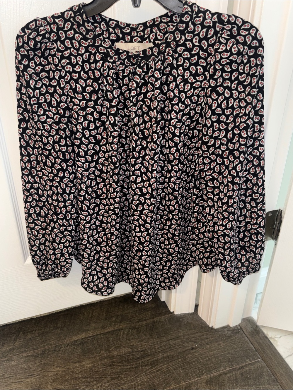 LOFT Black Blouse with Red Paisley Print